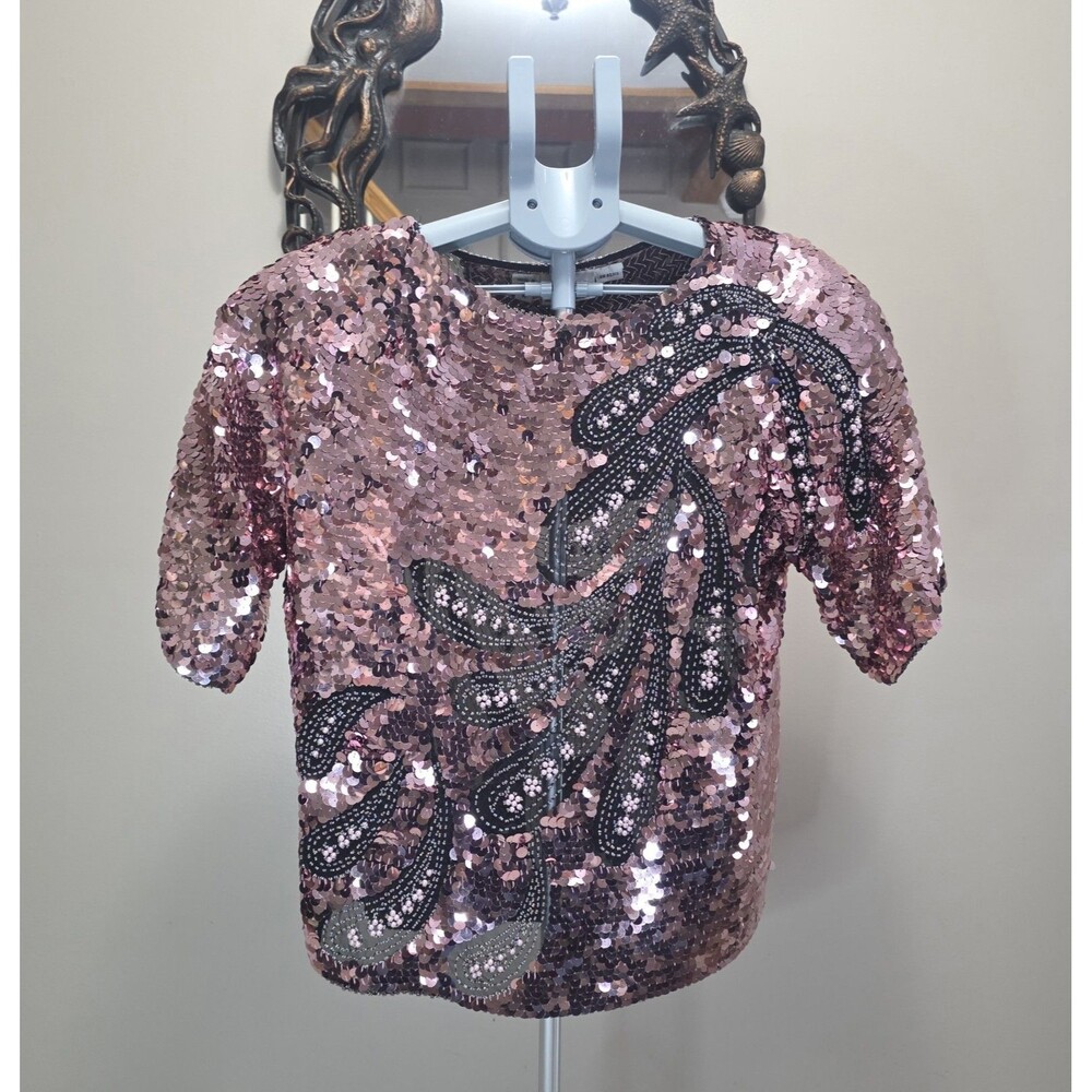 Vintage 1983 Oleg Cassini Silk Sequin Beaded Paisley Top Womens M Pink Black